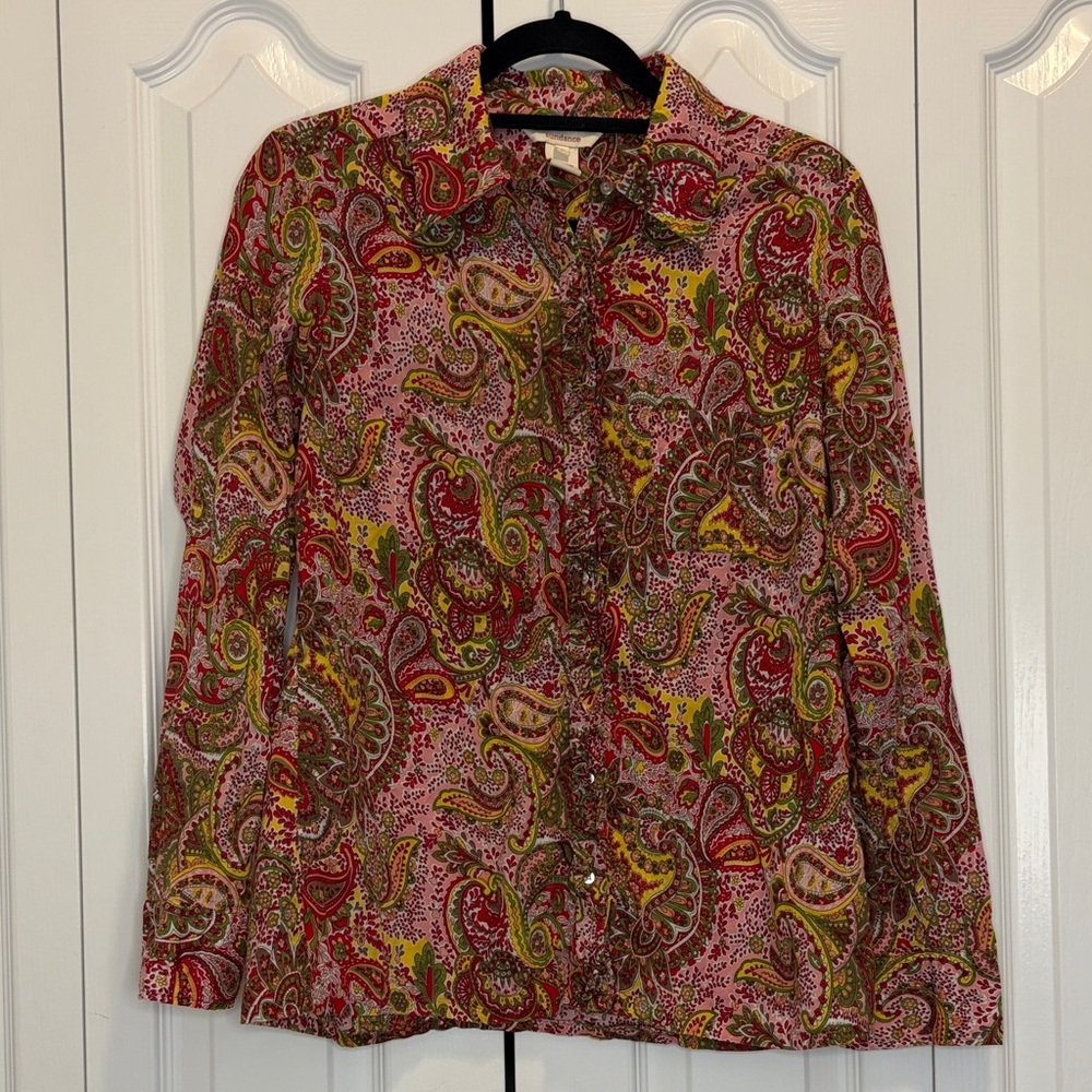 Sundance Ruffle Button Down Multicolor Paisley Long Sleeve Cotton Shirt L